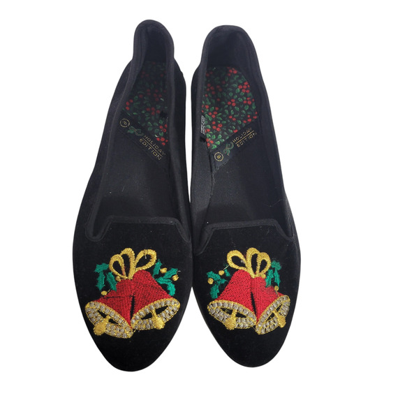 Christmas Bells Flats Black Velvet Velour Loafers Festive Holiday XMas Shoes 8 - Picture 2 of 12